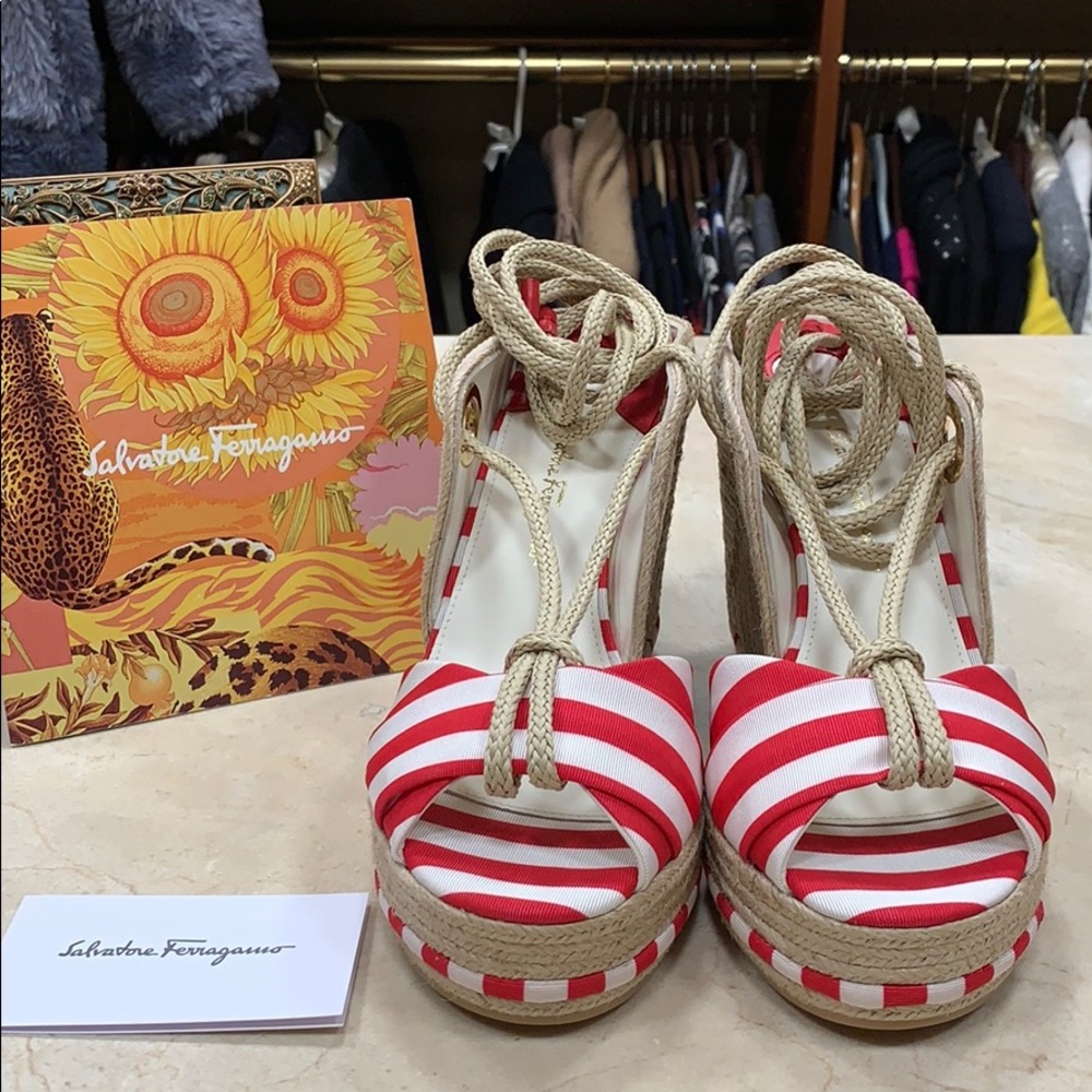 SALVATORE FERRAGAMO RED WHITE STRIPED FABRIC JUTE ESPADRILLES W/CALF LEATHER 8.5 - Picture 12 of 14